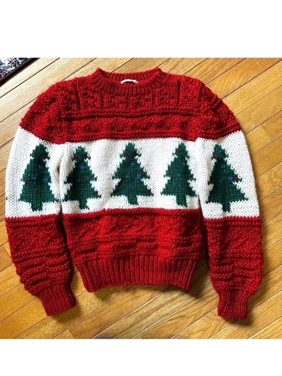 Vintage Sweaters - Vintage Hand Knit Christmas Trees Novelty Acrylic Sweater Womens Small Red White